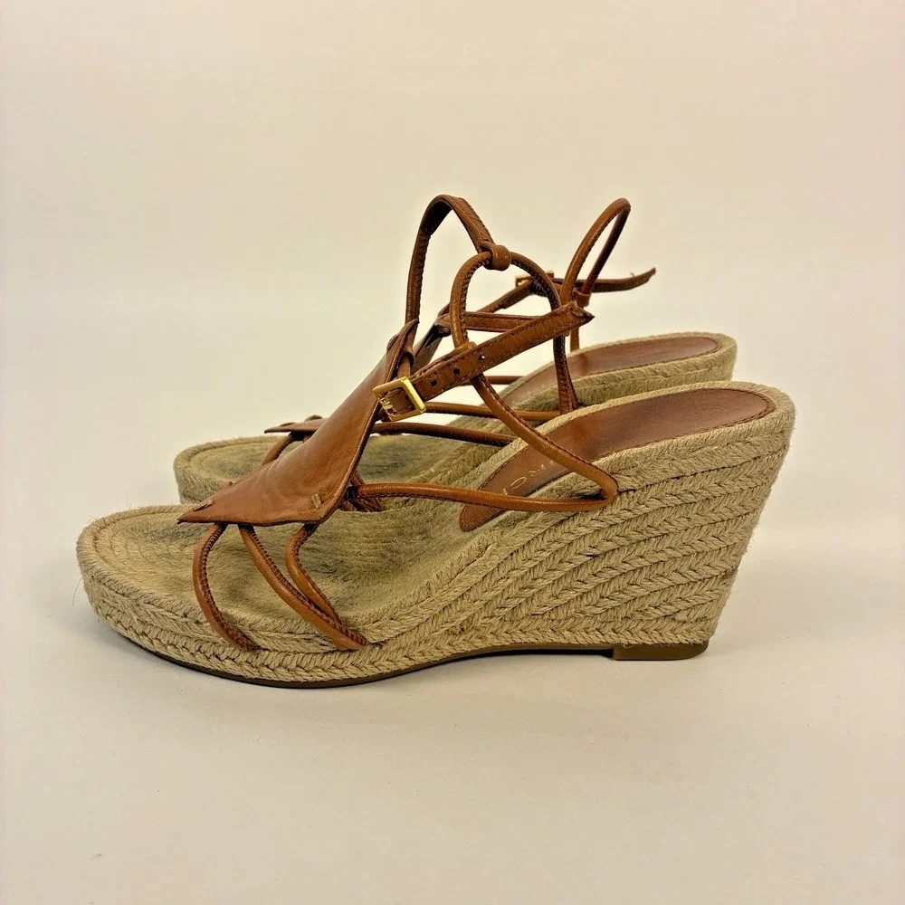 Tory Burch Brown Diamond Patch Espadrille Wedge Strappy Sandal Women's Size 7